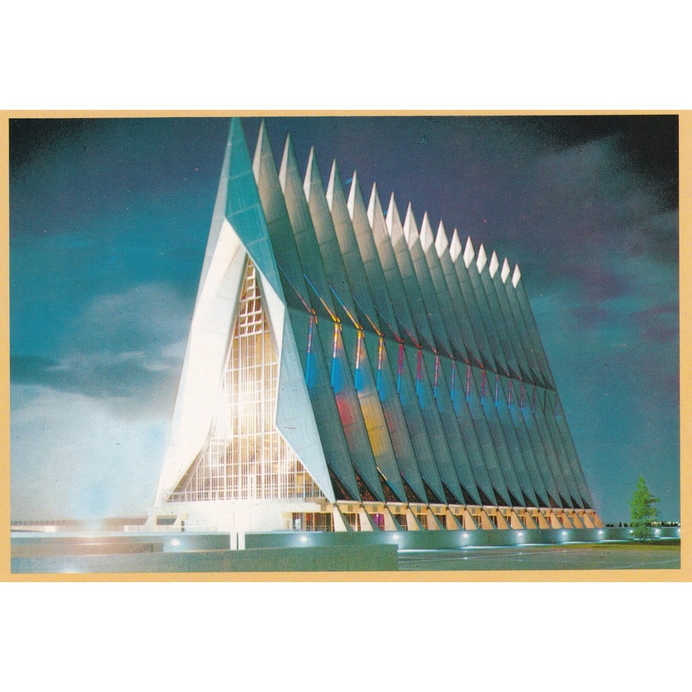US Air Force Academy Cadet Chapel Postcard Night Military Architecture S-112